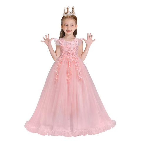 HIHCBF Flower Girls Embroidered Lace Princess Communion Dress Ruffle Tulle Wedding Birthday Pageant Evening Ball Gown Pink 11-12T