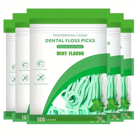 Generic 6-Pack (600 Count) Mint Flavored Dental Flosser Picks, Deep Cleaning Dental Floss for Proper Oral Care, Portable Disposable Hygienic Flosser for Travel Daily Life, Green