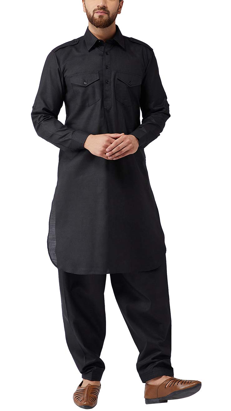 Sojanya (Since 1958, Men's Black Cotton Pathani Kurta Salwar Set, Size: 42
