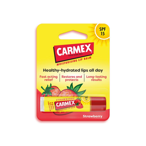 Carmex Strawberry Moisturising Lip Balm Stick for Soft, Protected Lips with SPF 15 (4.25 gm - Pack of 1)