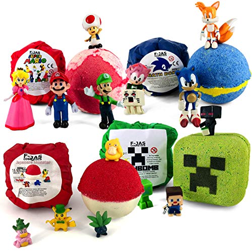Bath Bomb with Surprise Toy GAMERS QUAD PACK (Sonic, Mario, Japanese Monster, Mining Game)