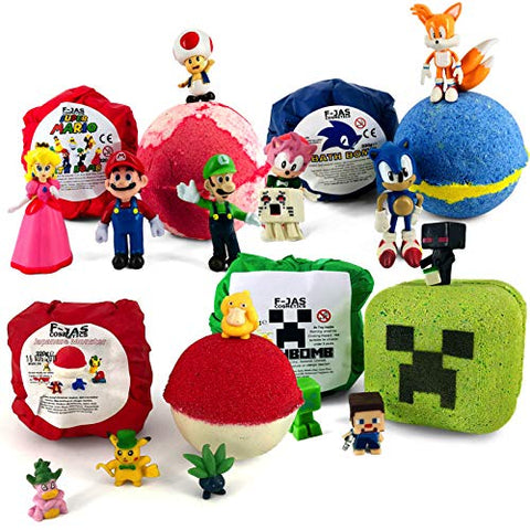 Bath Bomb with Surprise Toy GAMERS QUAD PACK (Sonic, Mario, Japanese Monster, Mining Game)