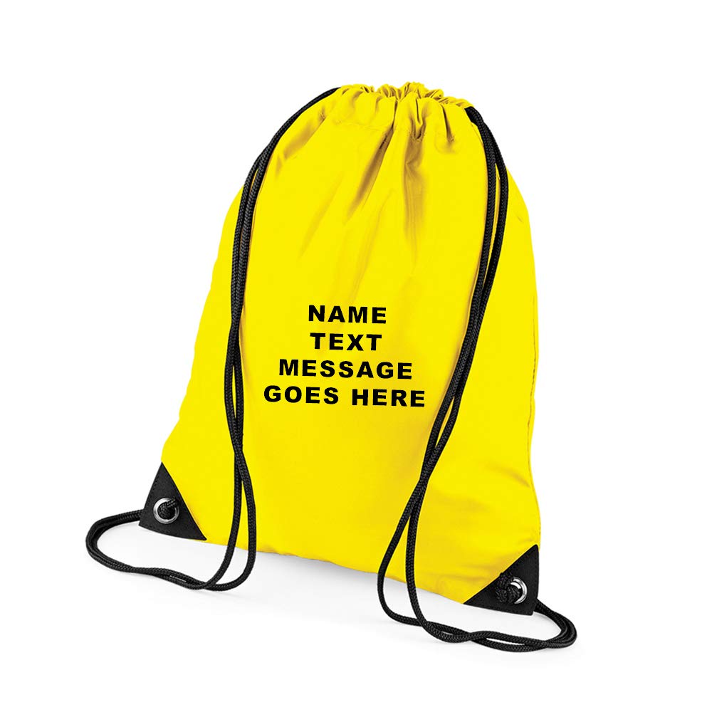 Personalised with your Own Any Name/Message/Text Premium Drawstring Bag PE Gym Kit Birthday/Secret Santa School P.E Kids Sport Rucksack. (Yellow)