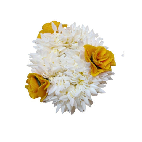 Traditional Indian Hair accessories White Gajra with yellow rose Artificial Flower Jewelry Handmade Veni tiara For Women Party Wear bridal mehndi Hair Bun (1 pc)