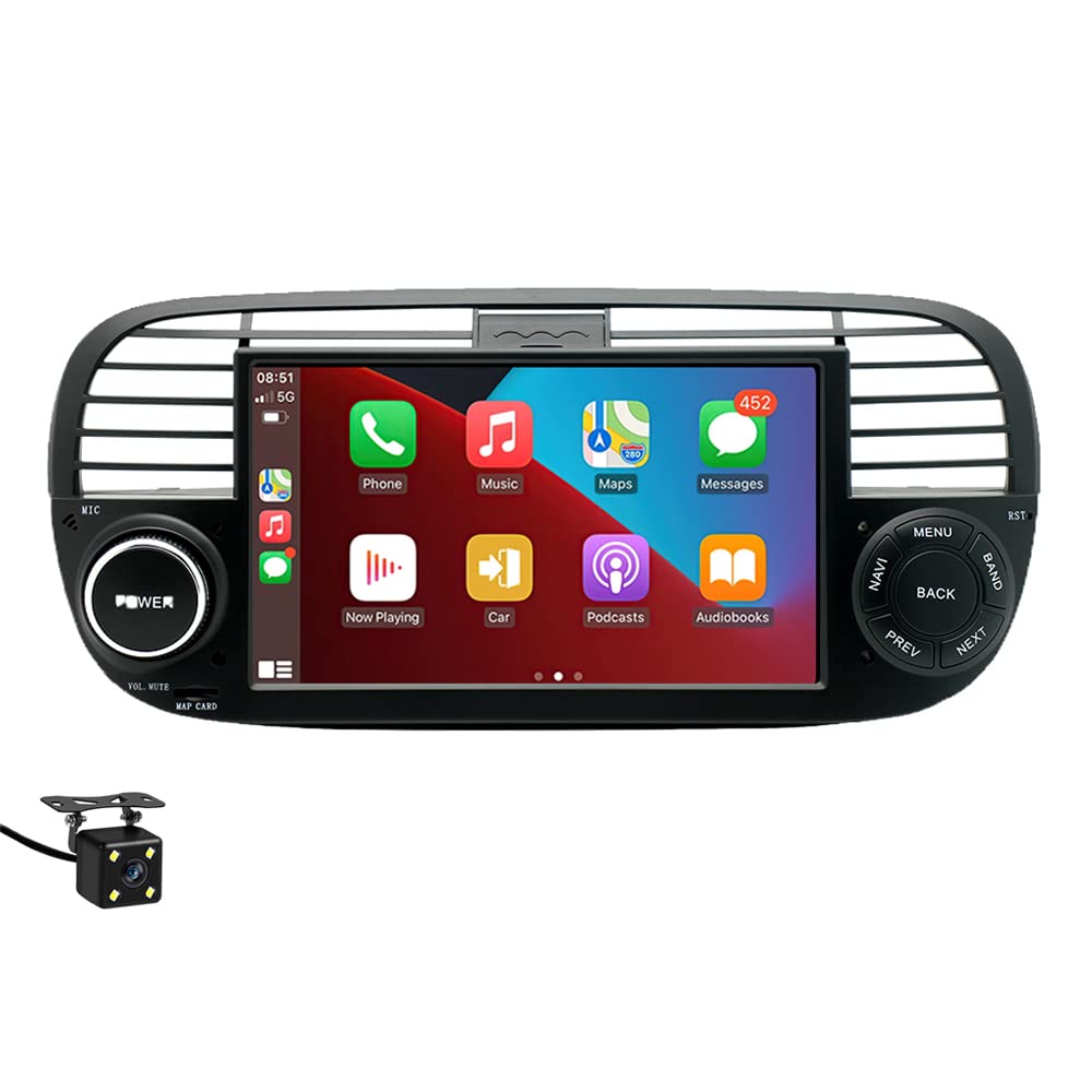 BOOMBOOST Wireless CarPlayer Android Auto Car Stereo Android 7 Inch 2 Din Touch Screen Car Radio Support Bluetooth/FM/WiFi/GPS/Mirror Link Compatible with Fiat 500+4LED Camera (Black)