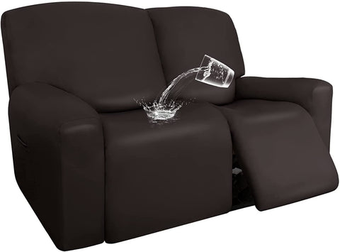 PU Leather 1 2 3 Seater Recliner Covers, Living Room Waterproof Stretch Recliner Sofa Slipcovers with Side Pocket Furniture Covers with Elastic Bottom (Chocolate,2 Seater 6-Piece)
