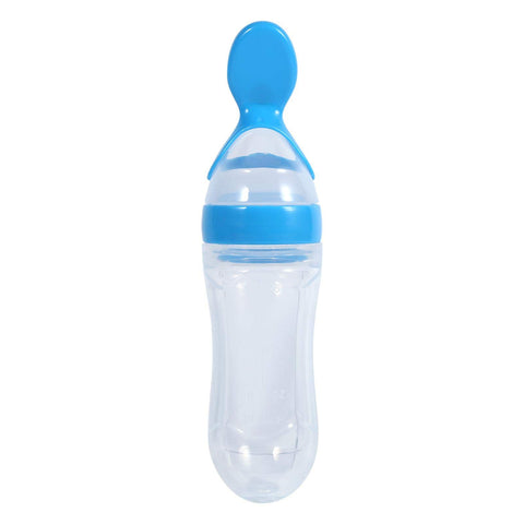 Baby Food Feeder, 90mL Silicone Infant Feeding Spoon Food Squeeze Feeder Leak-Proof Bottle Baby Spoon Juice (Blue)