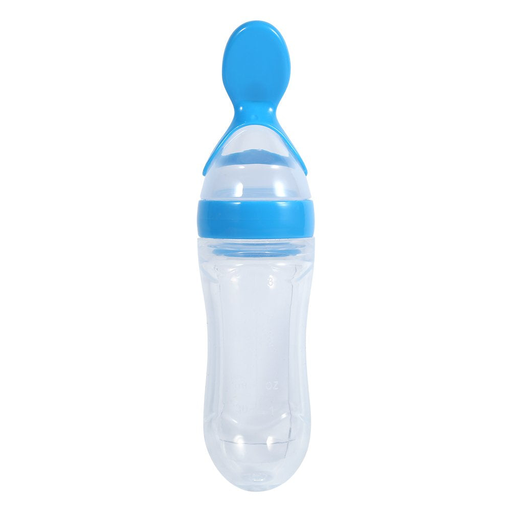 Feeding Bottle, Baby Silicone Squeeze Feeding Bottle with Spoon, Baby Food Dispensing Spoon Supplement Bottle, 90mL Baby Silicone Feeder Child Food Feeder (Blue)