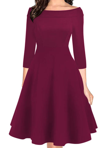 oxiuly Women's Vintage Off Shoulder Pockets Casual Floral A-Line Party Cocktail Swing Dress OX232 - red - Large