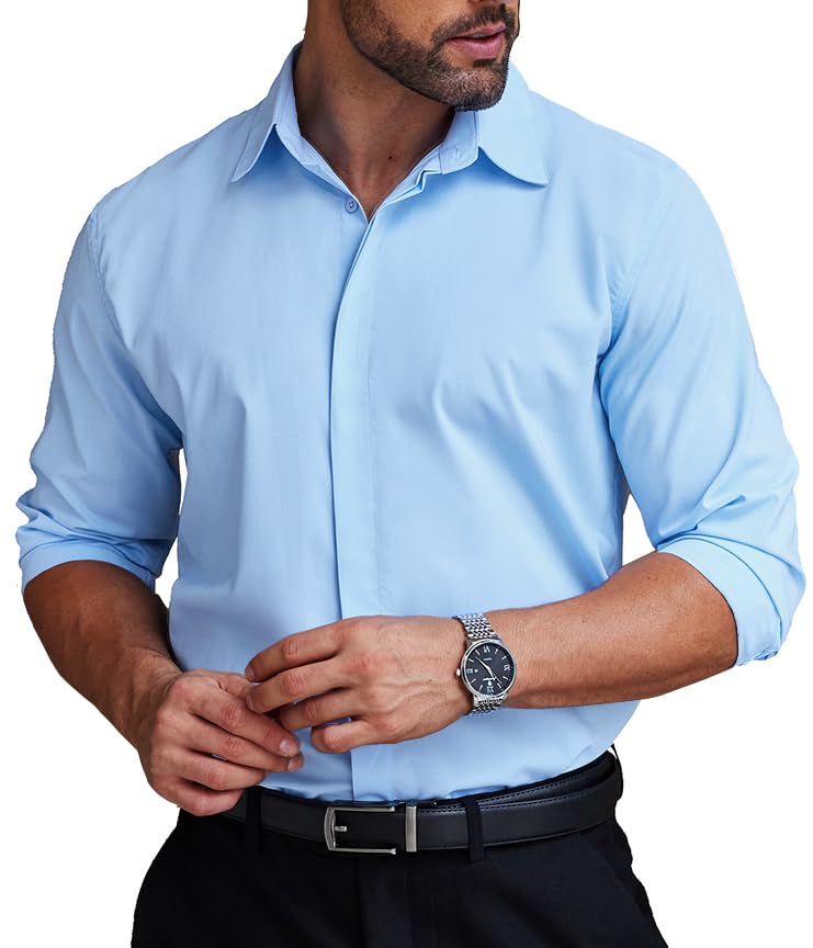 COOFANDY Mens Button Down Long Sleeve Shirts Work Office Clothes Fall Summer 2024 Fashion Untucked Travel Shirt Slim Fit Anti-Wrinkle Uniform Dress Shirt Light Blue Medium