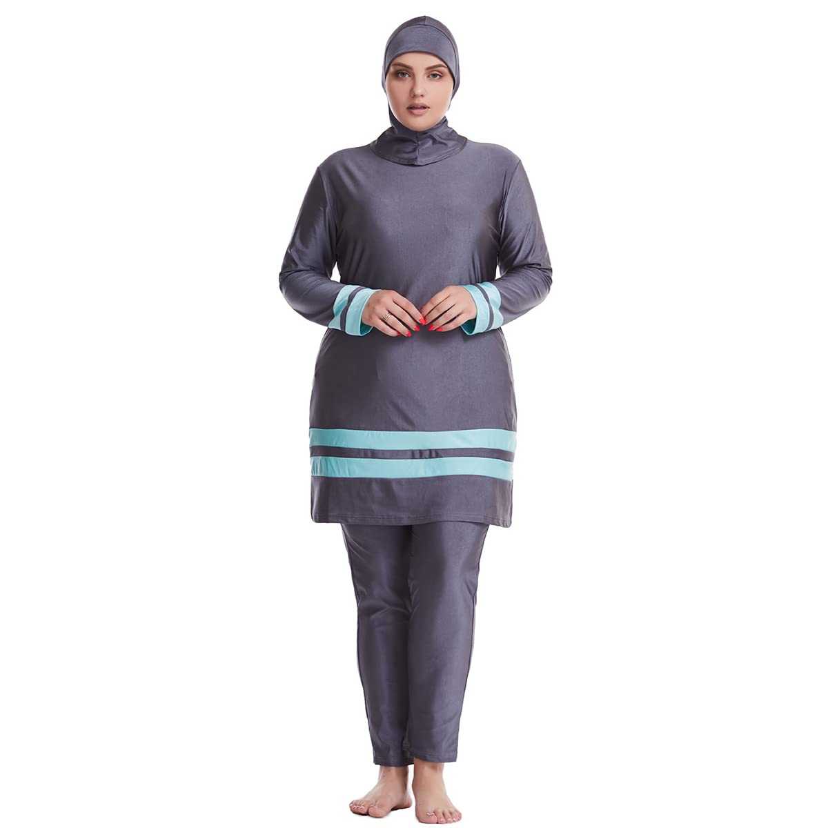 Plus Size Muslim Swimsuits for Women Modest Islamic Swimwear Burkini Full Cover Hijab Striped Long Sleeve Muslim Dress Top Pants Cap Set 3PCS Sun Protection Rash Guard Fat Bathing Suits Gray 5XL