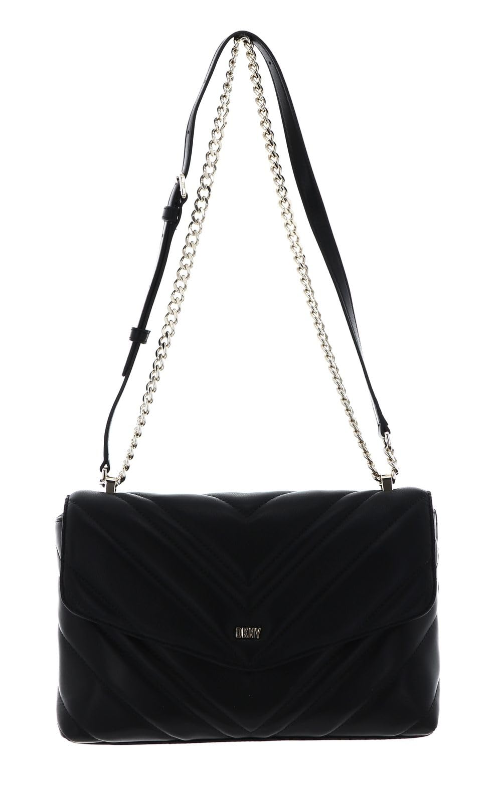 DKNY Womens Madison Large Envelope Flap Shoulder Bag with Adjustable Chain Strap in Lamb Nappa Leather, Black/Gold