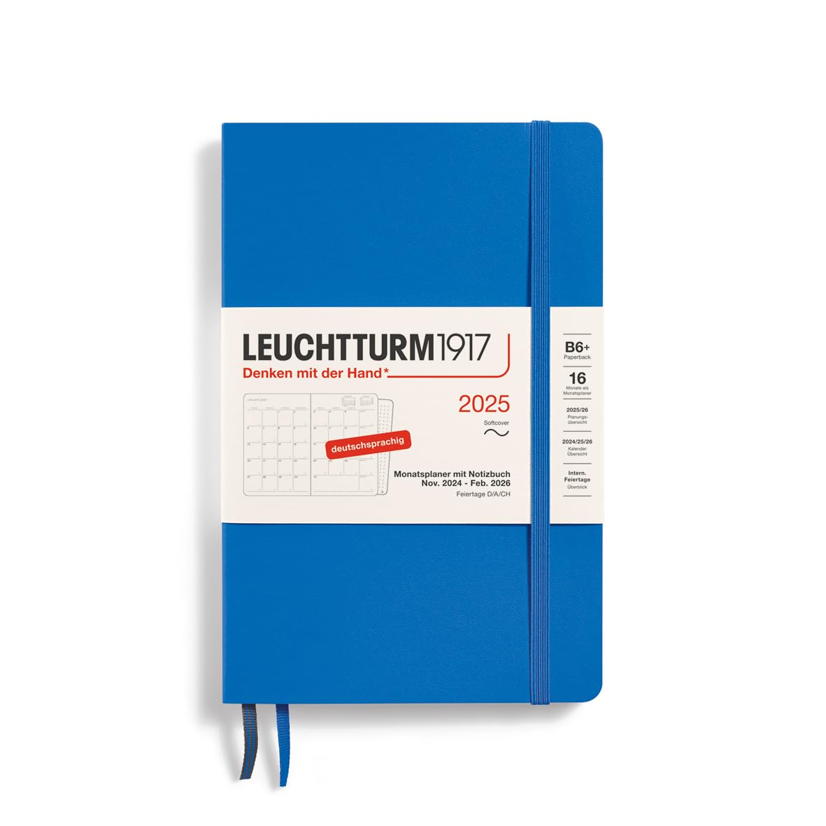 LEUCHTTURM1917 370612 Monthly Planner & Notebook Paperback (B6+) 2025, 16 Months, Softcover, Sky, German