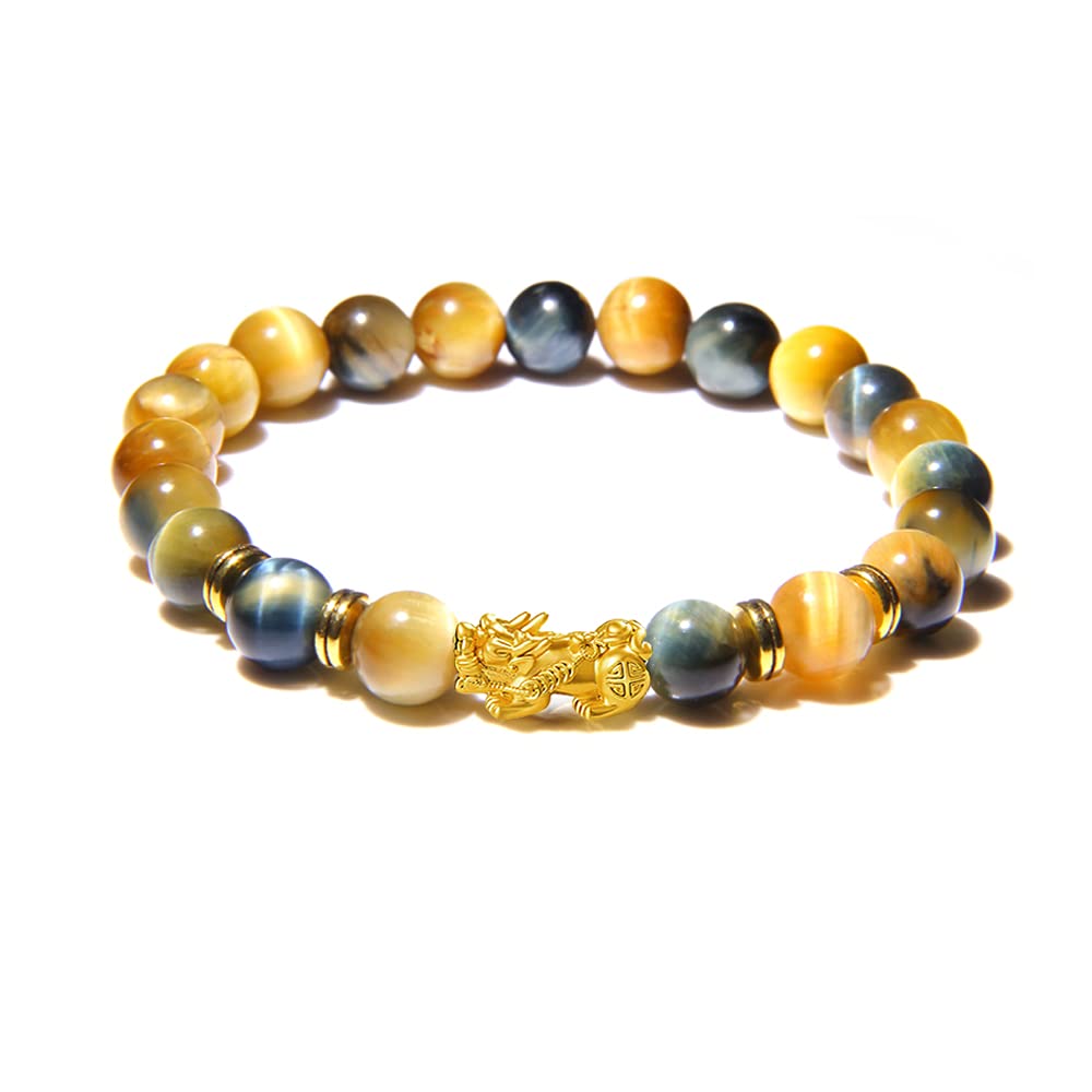 XIMEO Feng Shui Good Luck Bracelet - Natural Golden Tiger Eye Healing Energy Beaded Bracelet Pixiu Dragon Charm Bracelet Attract Wealth Money Jewelry for Women Men