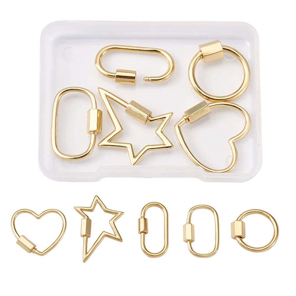 Cheriswelry 5pcs Carabiner Lock Hook Real 18K Gold Plated Star Heart Rings Screw Clasps Clips Decorative Charms for Jewellery Necklace Keyrings Making