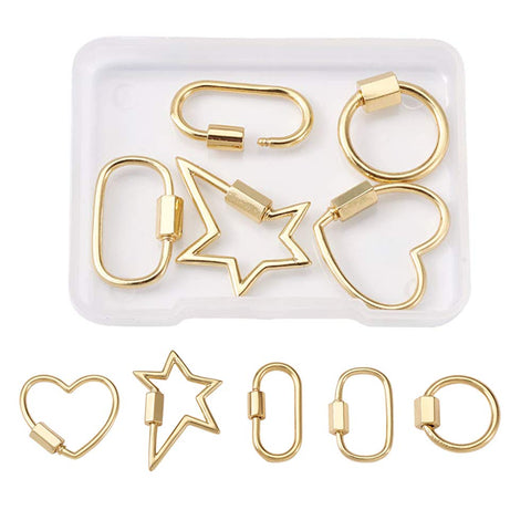 Cheriswelry 5pcs Carabiner Lock Hook Real 18K Gold Plated Star Heart Rings Screw Clasps Clips Decorative Charms for Jewellery Necklace Keyrings Making