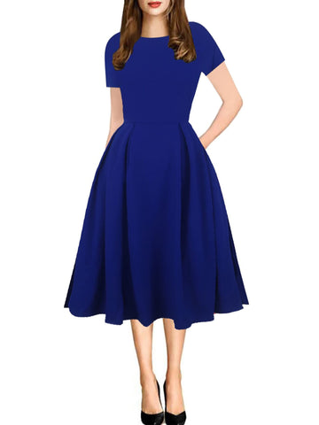 oxiuly Women's Puffy Midi Vintage Swing Dresses Graduation Party Church Casual Dress with Pockets OX165 (Rol-Blue, XL)