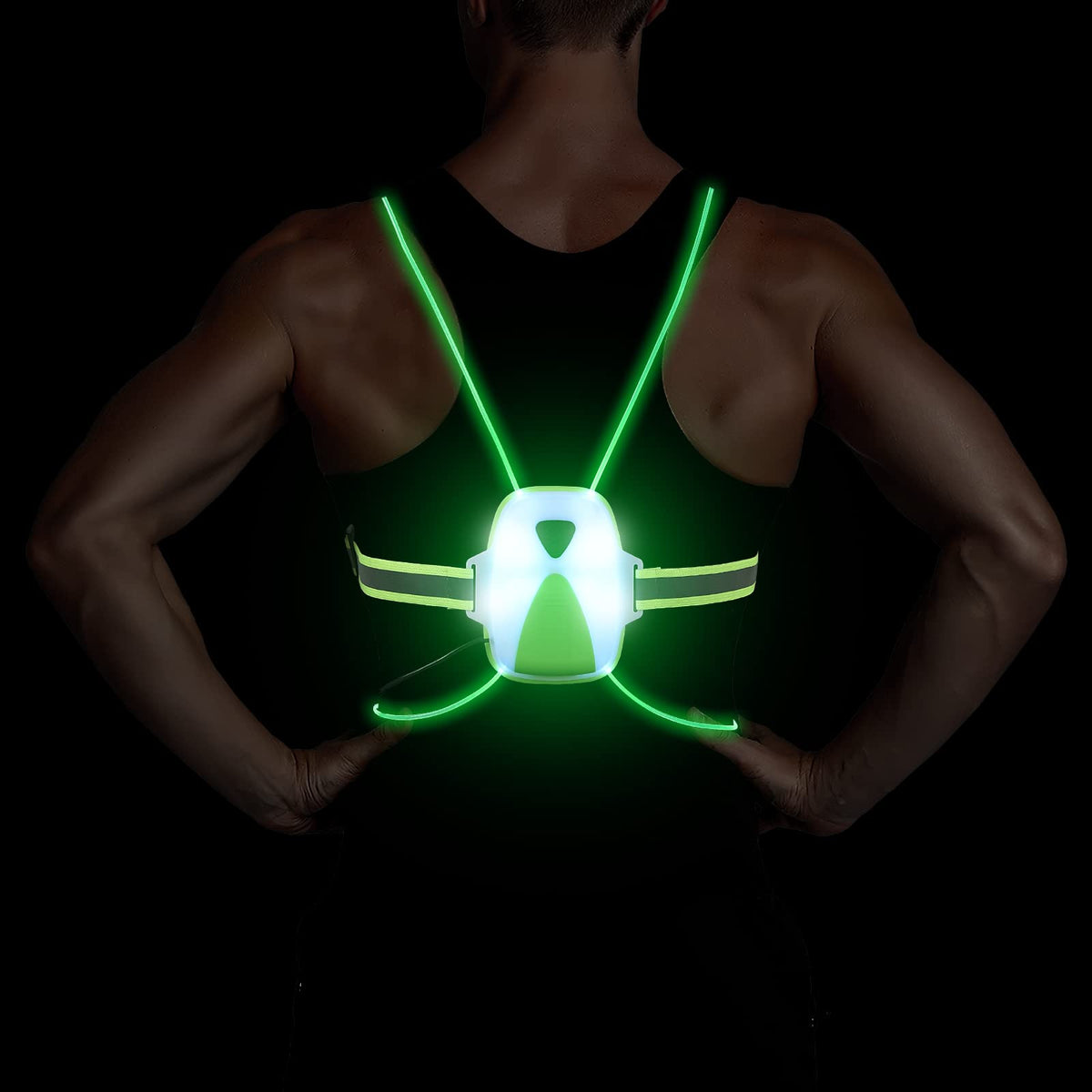 MoKo Running Vest with LED Front Light, Adjustable Reflective Running Gear for Runner and Jogger, Multicolor Illuminated Running Light Non-Slip LED Running Lights for Night Running, Walking, Green