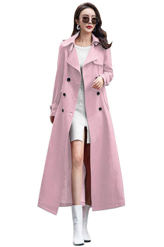 ebossy Women's Double Breasted Duster Trench Coat Slim Full Length Maxi Long Overcoat (Large, Pink)