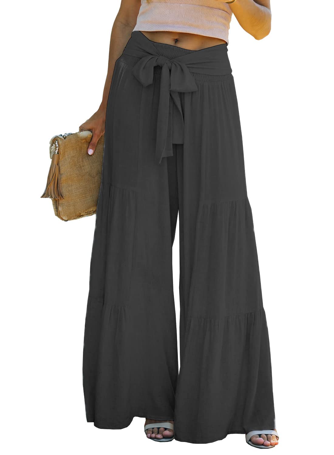 Lafural Women Summer High Waisted Cotton Linen Flare Palazzo Pants Beach Pant Long Bell Bottom Lounge Trousers, Dark Grey, M