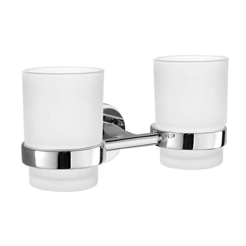 PHOEWON Double Glass Tumbler Wall Mounted Toothbrush Tumbler Holder 304 Stainless Steel and Frosted Glass Tumbler Holder Toothpaste Double Glass Holder for Lavatory, Bathroom