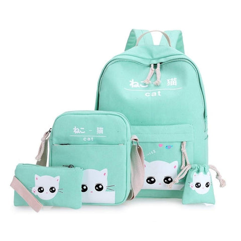 XINSHUN Hainan Cat Backpack Set Young Ladies Cat Print Bag Cute Bag 4 Pieces Set Black One Size