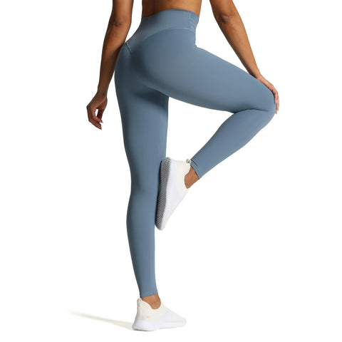 Aoxjox High Waisted Workout Leggings for Women Tummy Control Buttery Soft Yoga Metamorph Deep V Pants 27" (Steel Blue, Small)
