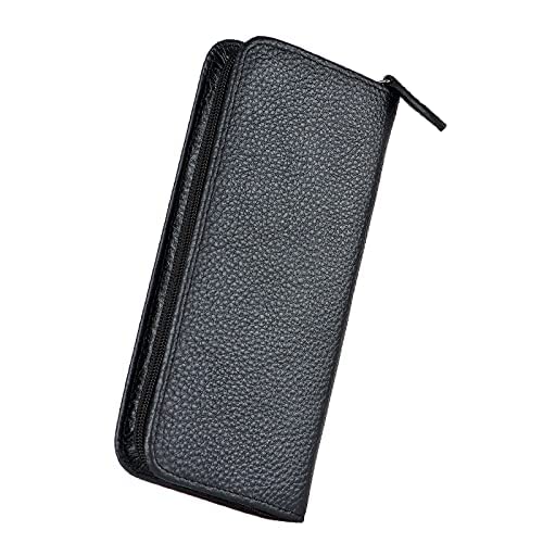 Genuine Leather Fountain Pen Case 3 Divided Slots, Zippered Pen Case Pouch, Handmade Display Holder for Rollerball Pen (Black Color)