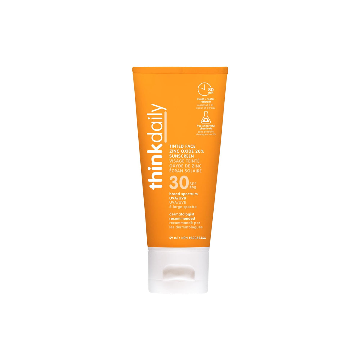 ThinkDaily Tinted Face Sunscreen SPF 30 with 24.25% Zinc Oxide - Safe, Natural Facial Sun Cream for All Skin Tones - Water Resistant UVA/UVB Sun Protection - Vegan, Reef Friendly Sun Lotion, 2oz