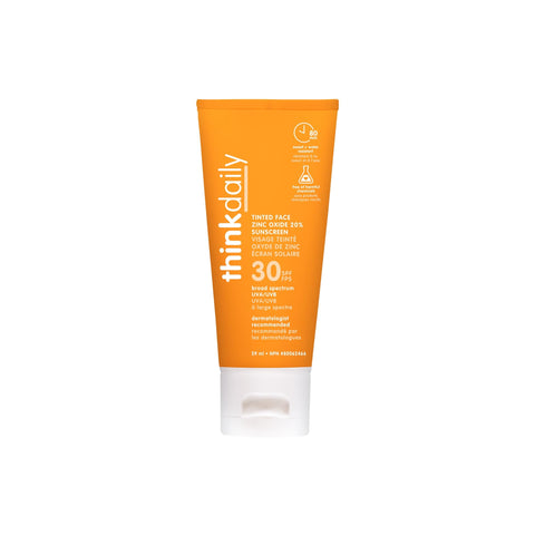ThinkDaily Tinted Face Sunscreen SPF 30 with 24.25% Zinc Oxide - Safe, Natural Facial Sun Cream for All Skin Tones - Water Resistant UVA/UVB Sun Protection - Vegan, Reef Friendly Sun Lotion, 2oz