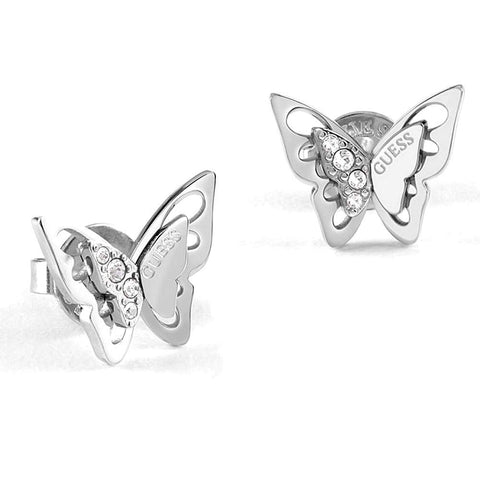 Guess Earrings Fly Away Ube70184 Stainless Steel Butterfly Wings Swarovski Rhodium Deployed