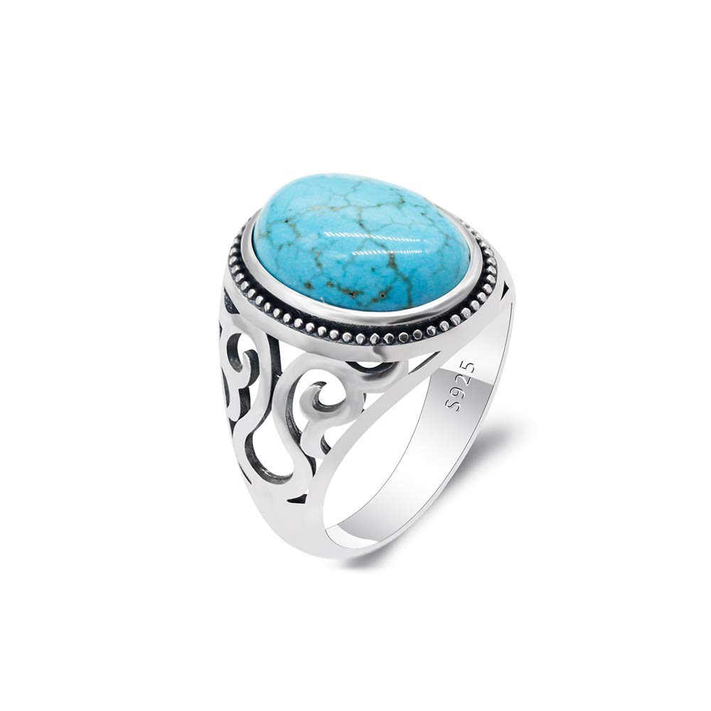 Qida Vintage Turquoise Rings for Men - Solid 925 Sterling Silver Retro Turquoise Wedding Jewelry Bands Rings- Hollow Bohemia Engagement Party Band Rings