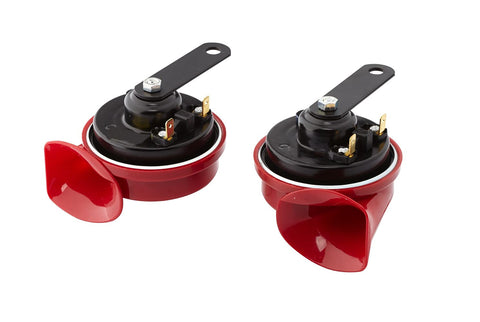 HELLA 3FH 007 424-811 Trumpet Horn - TE16-12V - 110dB(A) - Frequency Range: 400/500Hz - Electric - Housing Colour: Red/Black - Flat Plug-in Connector - Kit - Quantity: 2