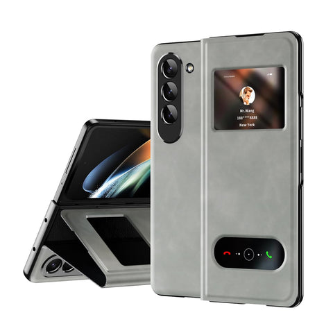 XIMAND for Samsung Galaxy Z Fold 6 Maghetic Flip Folding Case, Open Window Design, High Luxurious Business Napa Leather Hidden Kickstand Full Body Hinge Protective Slim Cover - White