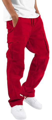 HUNGSON Mens Cargo Pants Drawstring Casual Hiking Pants Joggers Athletic Pants Cotton Loose Straight Sweatpants for Men Red