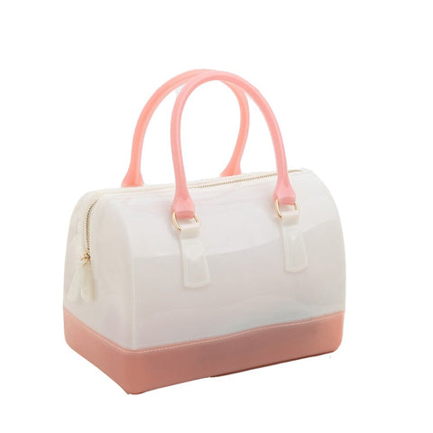 MIFORINES Ladies Summer Jelly Pillow-shaped Top Handle Handbag Candy Color Transparent Crystal Purse, Ivory Pink