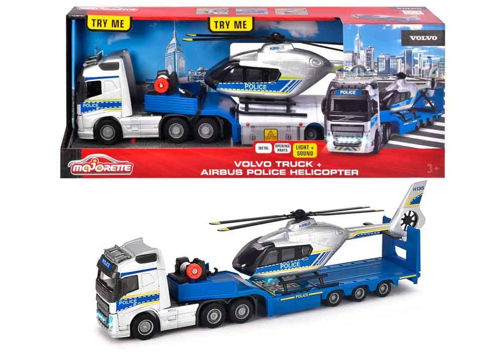 MOJORETTE - Grand Series Volvo FH-16 Police Truck (35 cm) and Airbus H135 Helicopter (25.5 cm), Scale 1:43, Made of Metal and Plastic, Licensed by Volvo and Airbus (213716000038)