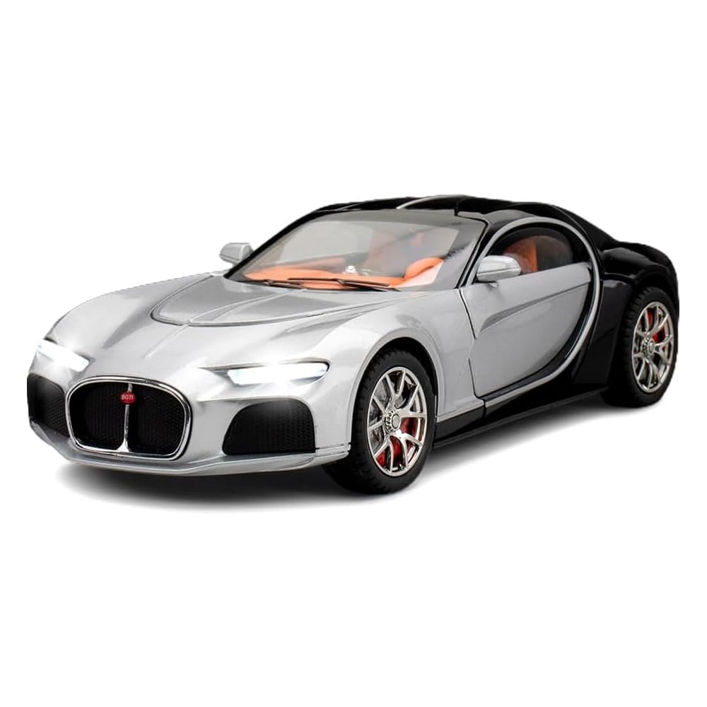 1:24 Scale Bugatti Atlantic Alloy Car Model Diecast Toy Vehicles for Kids, with Lights and Music?Gifts for Adults and Children, Decorative Objects, Collectibles. (Silver Black)