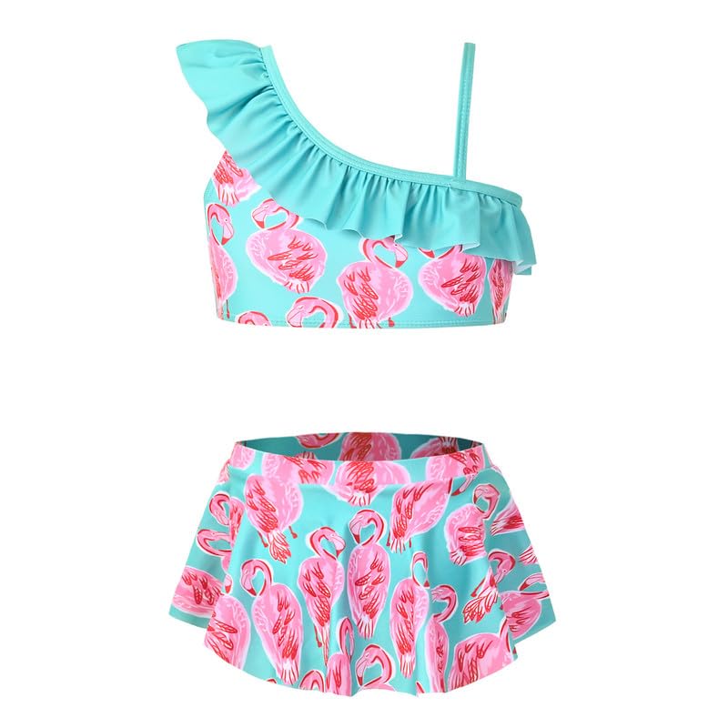 Jxstar Kids Two-Piece Swimsuits Blue Flamingo Bathing Suits Girls One Shoulder Beach Wear Size 10 11
