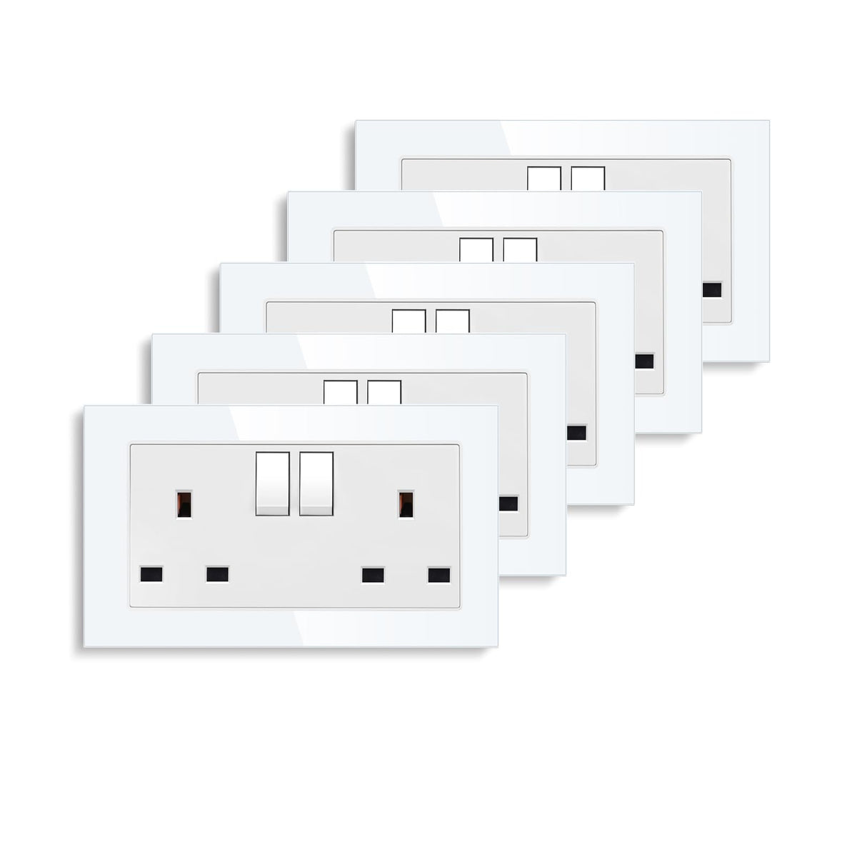 5 Pack CNBINGO Double Switched Socket, 13 Amp Electric Power Socket, Tempered Glass Wall Panel Outlet