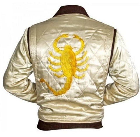 Superior Leather Garments Drive Trucker White with Golden Embroidery Scorpion Jacket , XL - Suitable for Chest size 42 inches, Ivory