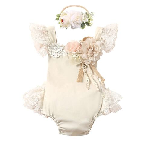 Baby Boho Romper Dress 1st Birthday Cake Smash Outfit Girl Newborn Photography Infant Toddler Easter Dresses Lace Summer Jumpsuit Headband Christening Clothes Photoshoot Apricot Flower 12-18 Months