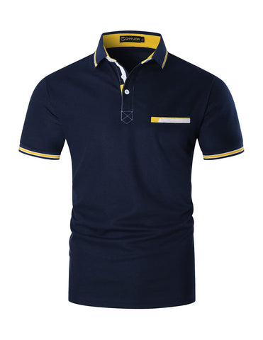 GHYUGR Mens Short Sleeve Polo Shirts Contrasting Colors Collar Golf Rugby Polos,Navy,L