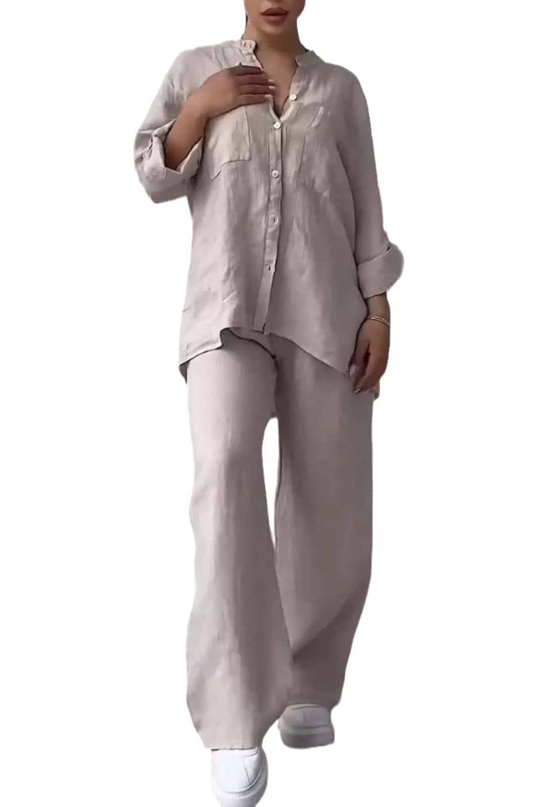 Women's Fashion Cotton Linen Two Piece Spring Summer Solid Color Loose Long Sleeve Shirt & Wide Leg Pants 2 Pcs Set XL