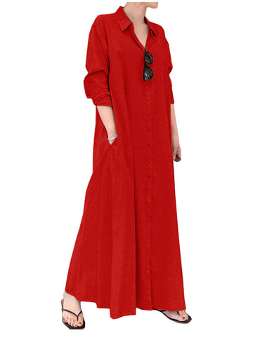 Ladyful Women's Casual Button Down Cotton Linen Long Shirt Dress Red