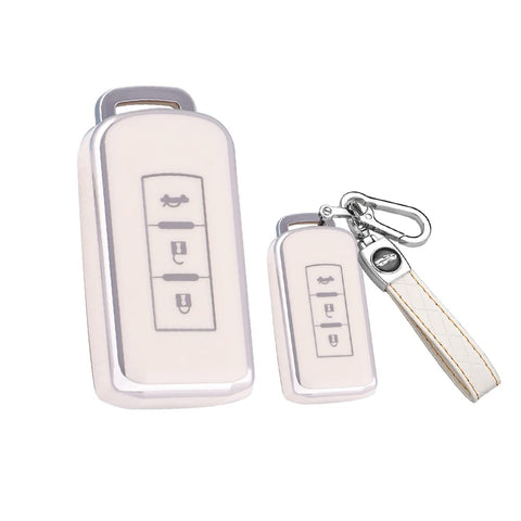 SANRILY Sliver-Edge 3 Button Smart Key Fob Cover for Mitsubishi Outlander ASX Lancer Evo X GTS EX Accessories Keyless Key Case with Leather Keychain Beige