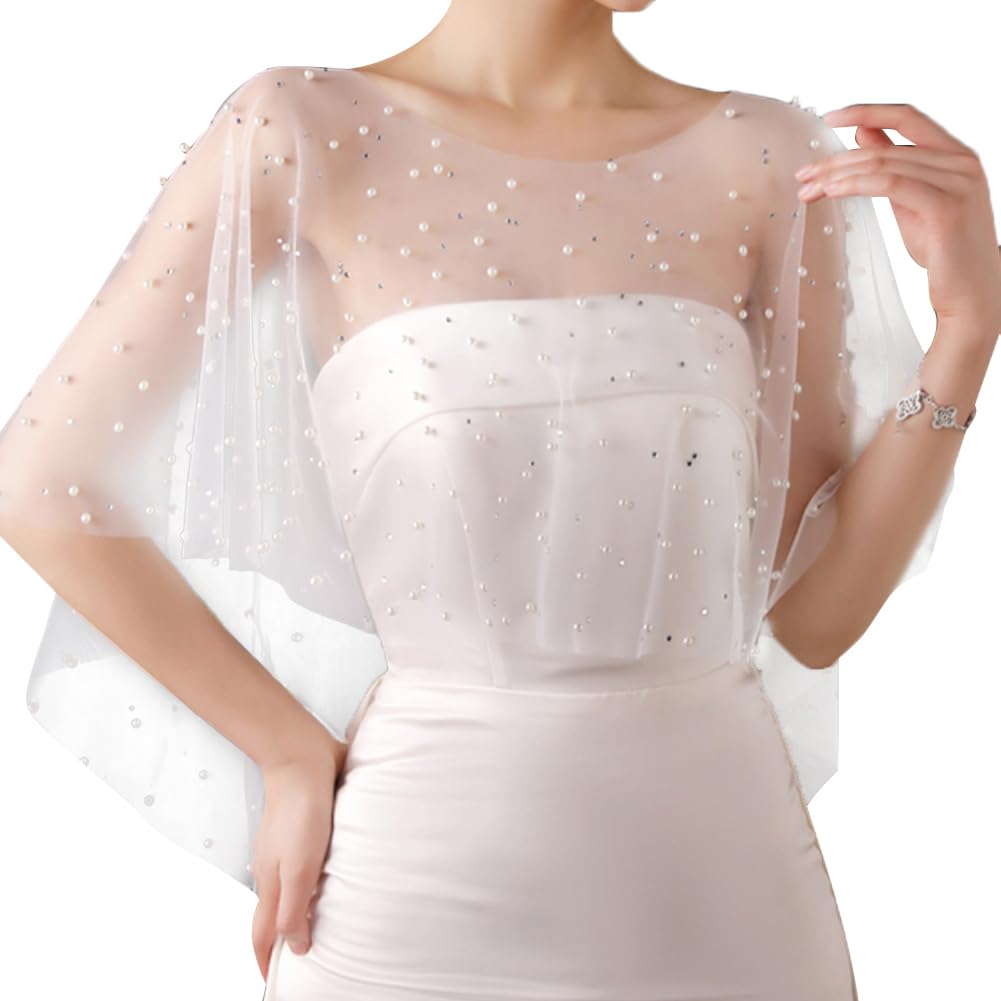 FINGERINSPIRE White Organza Evening Cape Shawl With Imitation Pearl and Rhinestone 15.7Inch Wide Women Wedding Shawl Wrap Bridal Shoulder Covers Up Scarf Lady Tulle Shawl for Dress Prom Party Dress