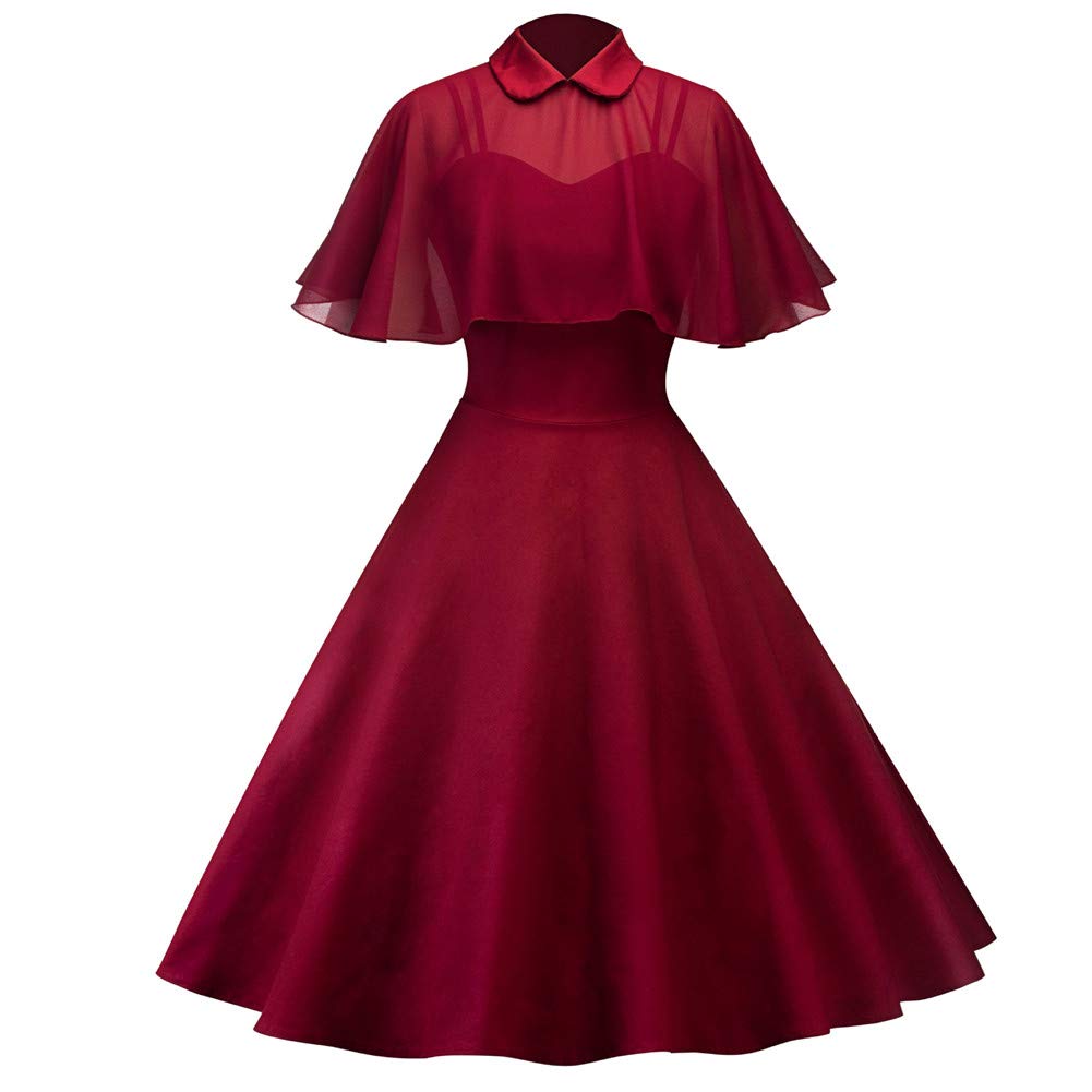 Sorrica Women's Vintage Retro Peter Pan Collar Cocktail Party Swing Dress with Voile Cape (US.0-2, Wine Red)