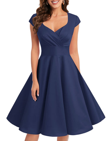 Bbonlinedress Women's 50s 60s A Line Rockabilly Dress Cap Sleeve Vintage Swing Party Dress Navy L