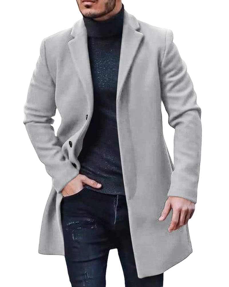 PASLTER Mens Trench Coat Slim Fit Notched Collar Fall Winter Single Breasted Pea Coat Warm Soft Overcoat